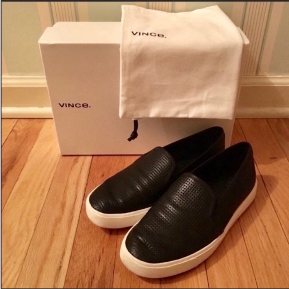 Vince Black Perforated Leather Slip-On Sneakers with White Platform